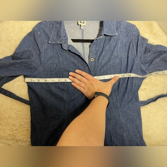 Classic Minimalist Capsule Anne Klein Jean Stretch Blue Long Sleeve Midi Dress - Picture 5 of 7